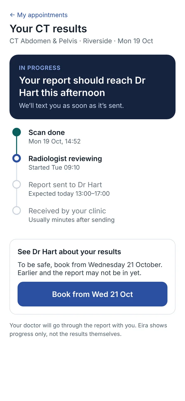 Eira patient app showing a CT report's progress and a suggested date to book a results appointment