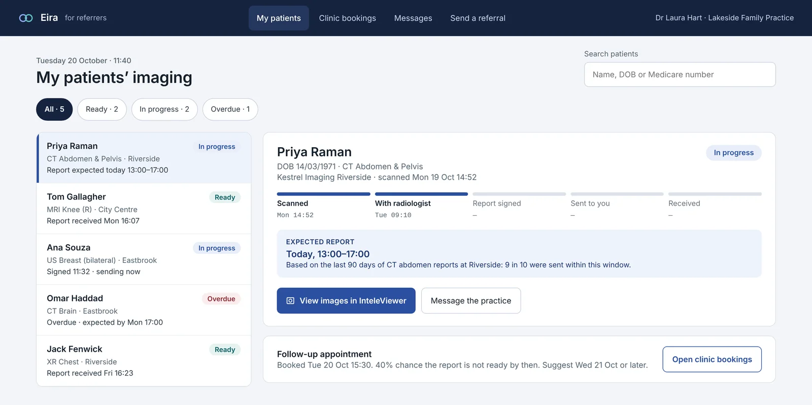 Eira referrer portal showing a GP's patients, each with imaging status and expected report time